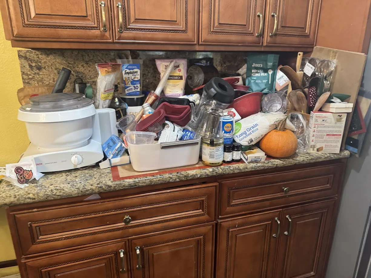 Kitchen counter before a DeclutterMeNow organizing project.